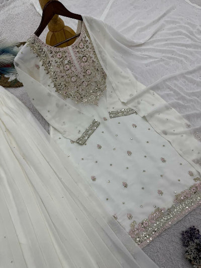 Noor White Georgette Embroidery Sharara Palazzo Suit