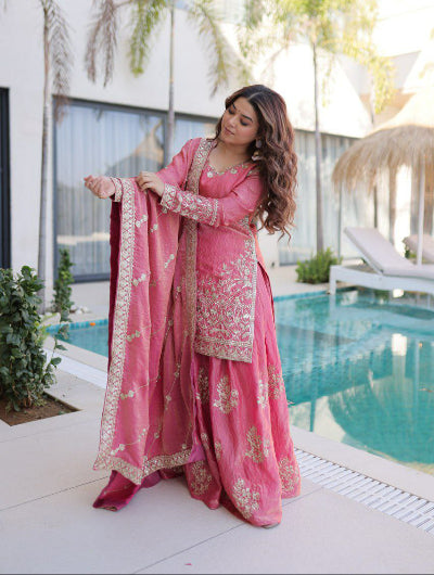 Gulabi Pink Zari Sequins Work Sharara Suit