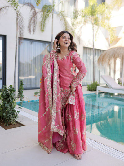 Gulabi Pink Zari Sequins Work Sharara Suit