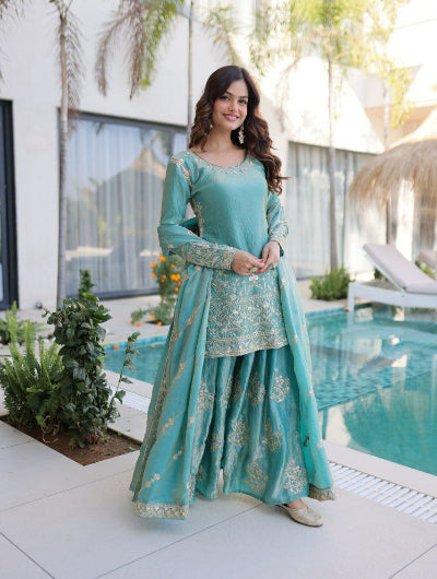 Sea Blue Zari Sequins Work Sharara Suit