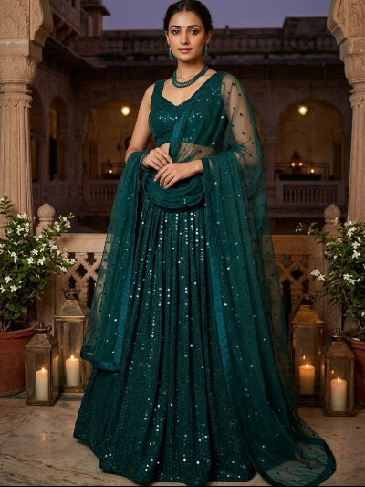 Teal Green Partywear Sequins Georgette Lehenga Choli Set