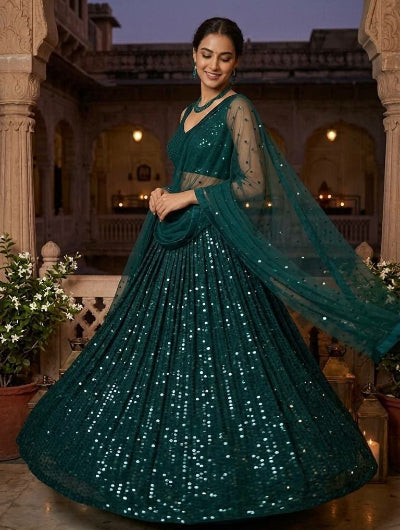 Teal Green Partywear Sequins Georgette Lehenga Choli Set