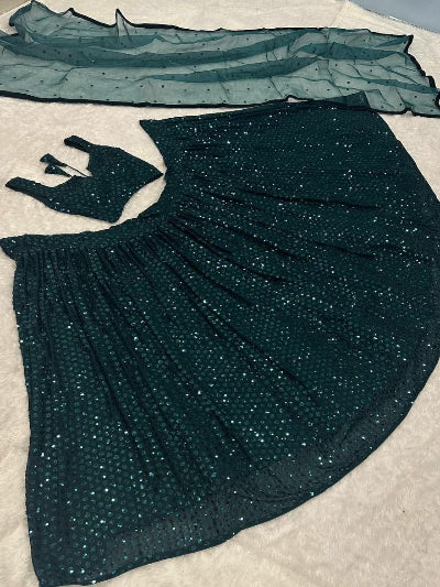 Teal Green Partywear Sequins Georgette Lehenga Choli Set