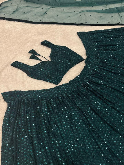 Teal Green Partywear Sequins Georgette Lehenga Choli Set