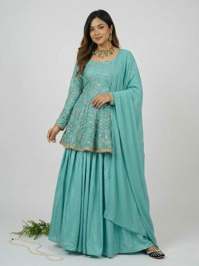 Aqua Blue Peplum Top with Skirt &amp; Dupatta