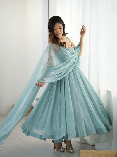 Ice Blue Crunch Silk Sleeveless Anarkali Suit Set