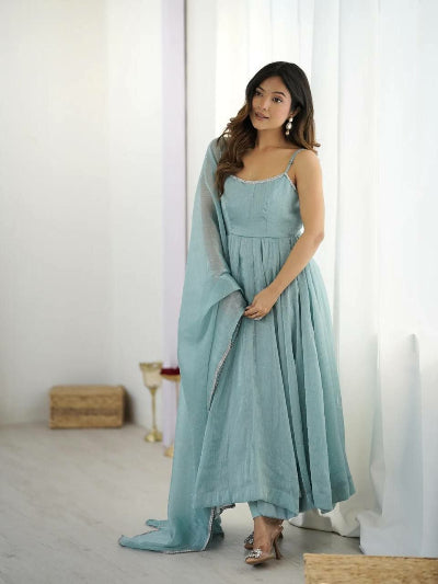Ice Blue Crunch Silk Sleeveless Anarkali Suit Set
