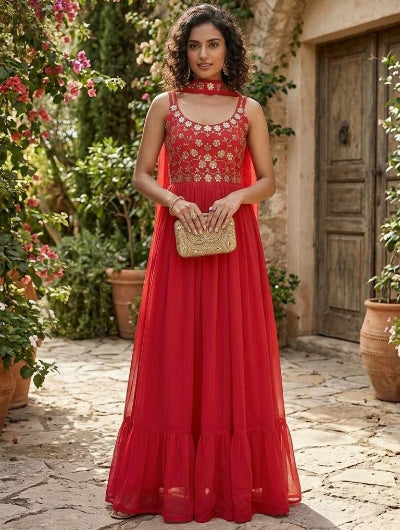 Red Mirror Work Party Wear Sleeveless Gown Dupatta Set Of 2