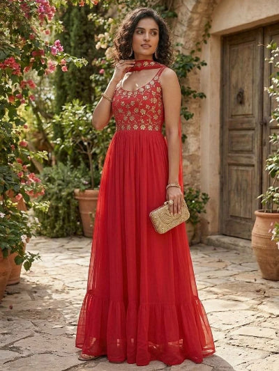 Red Mirror Work Party Wear Sleeveless Gown Dupatta Set Of 2