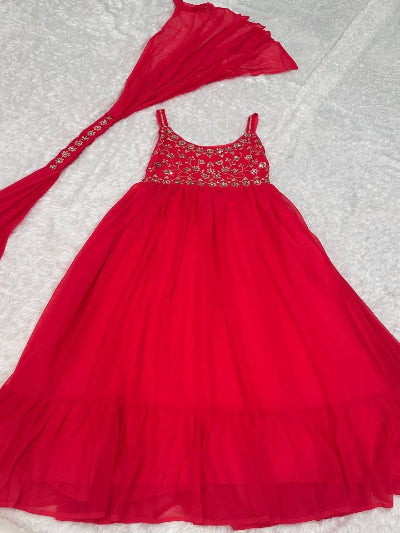Red Mirror Work Party Wear Sleeveless Gown Dupatta Set Of 2