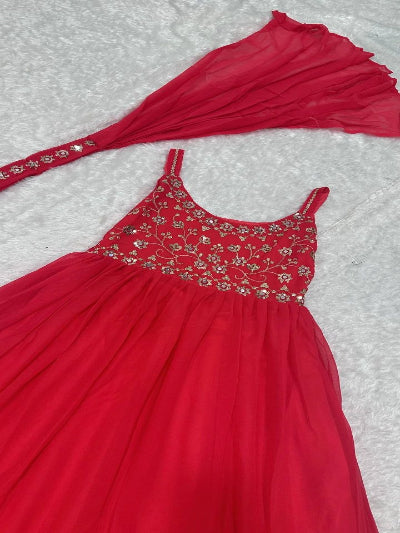 Red Mirror Work Party Wear Sleeveless Gown Dupatta Set Of 2