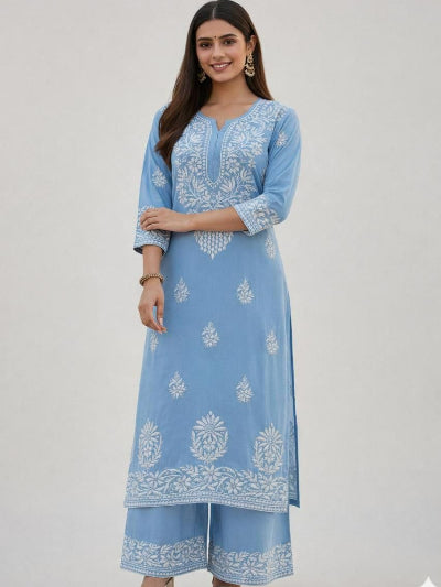 Plus Size Chikankari Cotton Kurta Palazzo Set