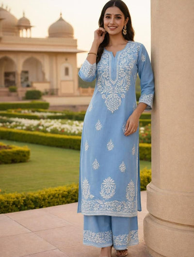 Plus Size Chikankari Cotton Kurta Palazzo Set