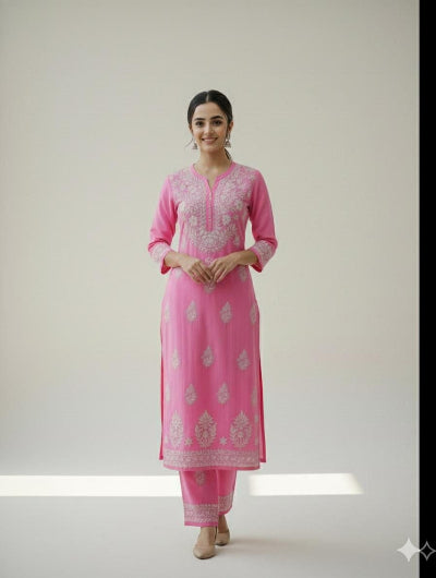 Plus Size Chikankari Cotton Kurta Palazzo Set