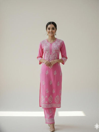 Plus Size Chikankari Cotton Kurta Palazzo Set