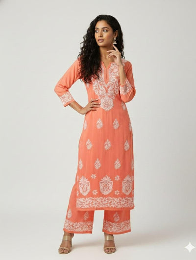 Plus Size Chikankari Cotton Kurta Palazzo Set