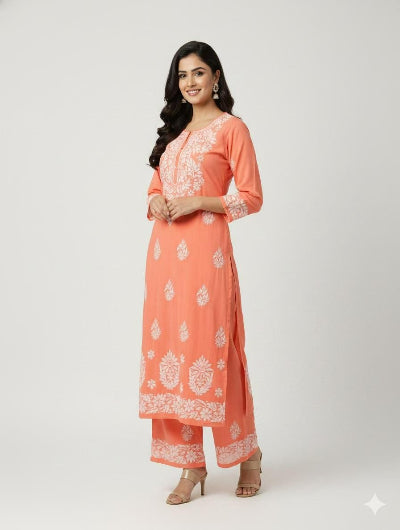 Plus Size Chikankari Cotton Kurta Palazzo Set