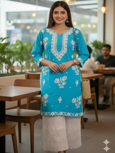 Pure Cotton Plus Size Chikankari Kurta Palazzo Set