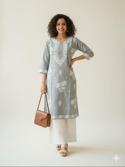 Pure Cotton Plus Size Chikankari Kurta Palazzo Set