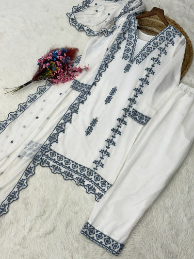 White Embroidered Georgette Thread Work Suit Set