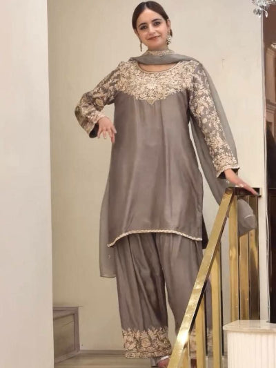 Taupe Chinon Silk Embroidered Farshi Suit Set