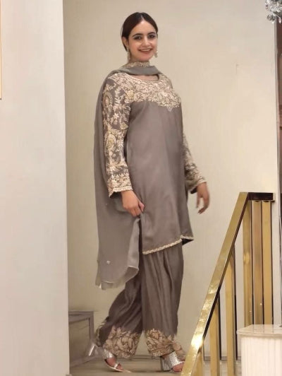 Taupe Chinon Silk Embroidered Farshi Suit Set