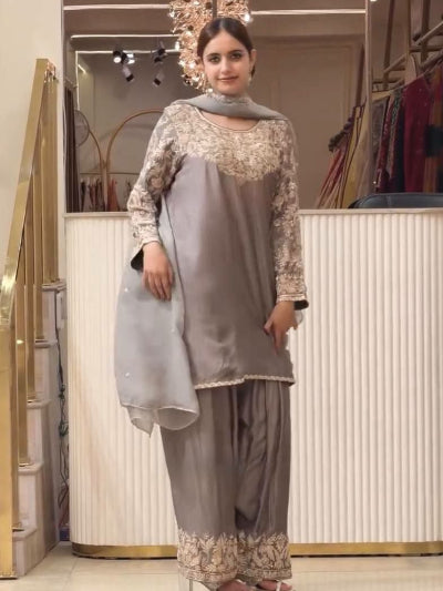 Taupe Chinon Silk Embroidered Farshi Suit Set
