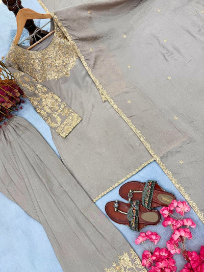 Taupe Chinon Silk Embroidered Farshi Suit Set
