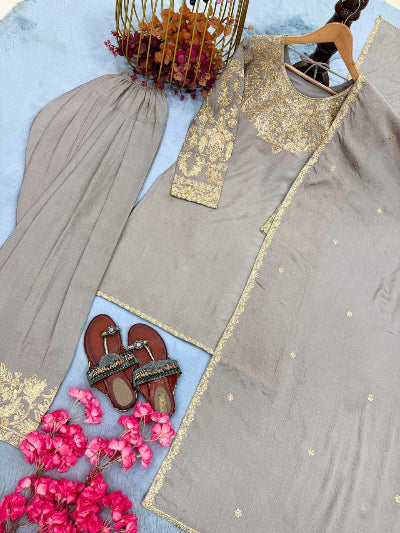 Taupe Chinon Silk Embroidered Farshi Suit Set