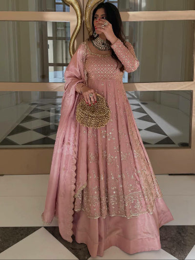 Blush Pink Embroidery Anarkali Skirt Dupatta Set