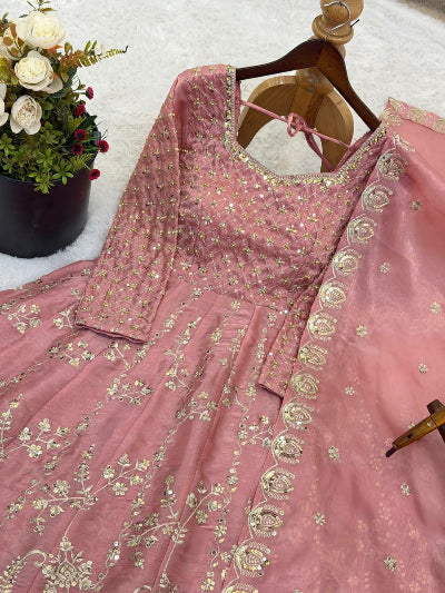 Blush Pink Embroidery Anarkali Skirt Dupatta Set