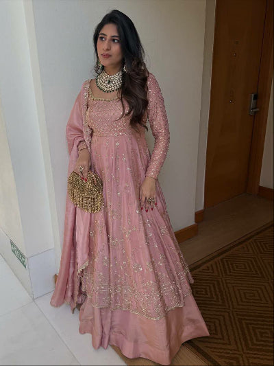 Blush Pink Embroidery Anarkali Skirt Dupatta Set
