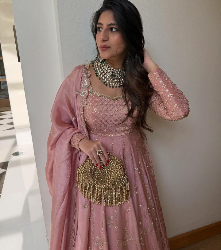 Blush Pink Embroidery Anarkali Skirt Dupatta Set