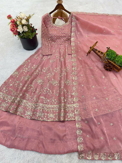 Blush Pink Embroidery Anarkali Skirt Dupatta Set