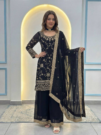 Black Georgette Gold Embroidery Sharara Suit
