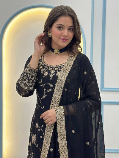 Black Georgette Gold Embroidery Sharara Suit