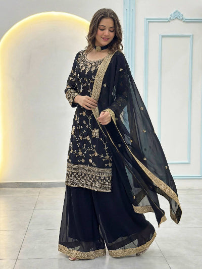 Black Georgette Gold Embroidery Sharara Suit