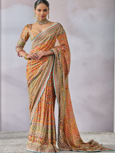 Multicolor Chinon Mirror Work Sari with Unstitched Blouse