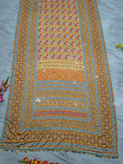 Multicolor Chinon Mirror Work Sari with Unstitched Blouse