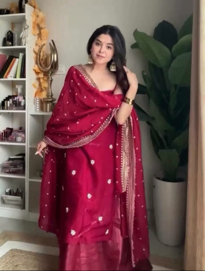 Deep Red Designer Sleeveless Sharara Suit with Lace Dupatta