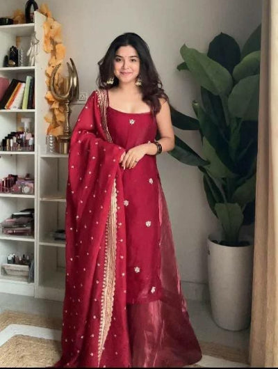 Deep Red Designer Sleeveless Sharara Suit with Lace Dupatta