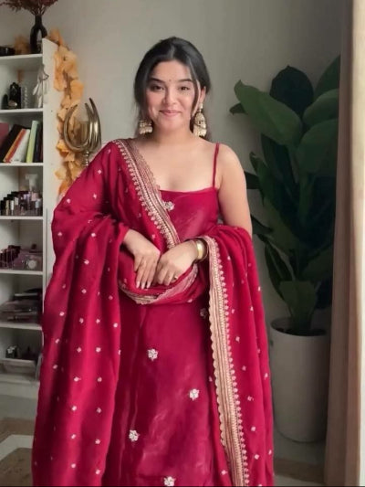 Deep Red Designer Sleeveless Sharara Suit with Lace Dupatta