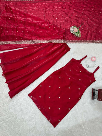 Deep Red Designer Sleeveless Sharara Suit with Lace Dupatta