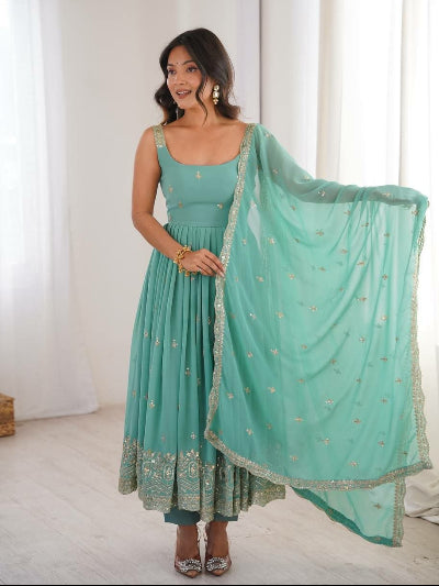 Sea Blue Georgette Sleeveless Embroidered Anarkali Suit Set