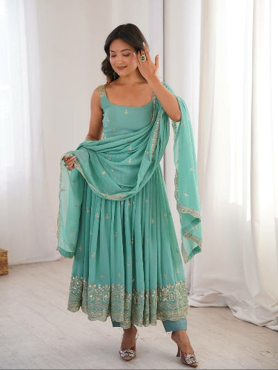 Sea Blue Georgette Sleeveless Embroidered Anarkali Suit Set