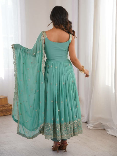 Sea Blue Georgette Sleeveless Embroidered Anarkali Suit Set