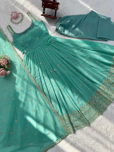 Sea Blue Georgette Sleeveless Embroidered Anarkali Suit Set