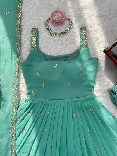 Sea Blue Georgette Sleeveless Embroidered Anarkali Suit Set