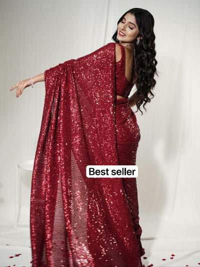 Red Partywear Sequins Sari with Unstitched Blouse