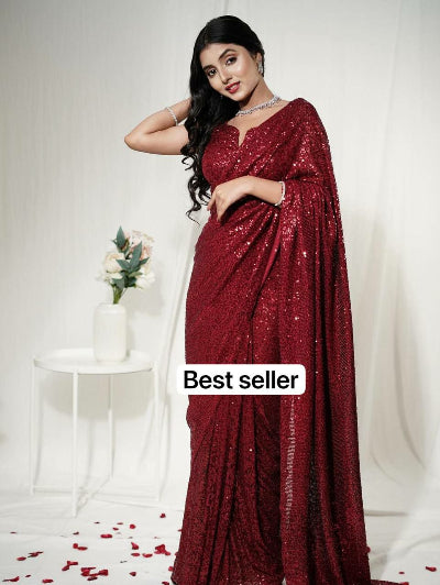 Red Partywear Sequins Sari with Unstitched Blouse
